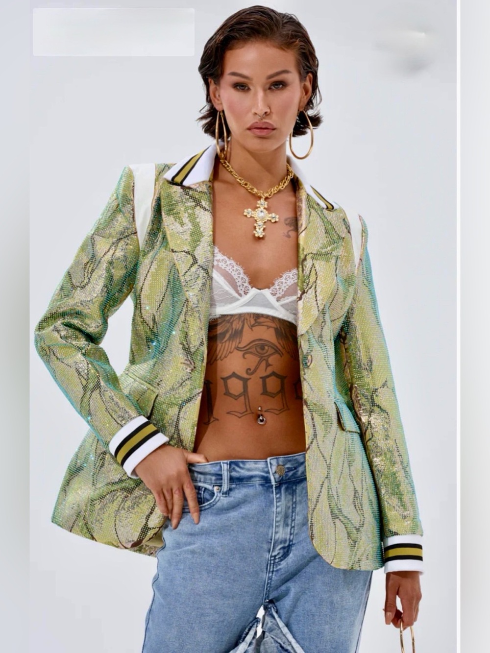 💚 AKIRA Rhinestone Embellished Brocade Snake-Print Blazer Jackets Coat NEW 1X